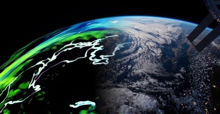 A satellite view of earth, part real imagery part projected imagery