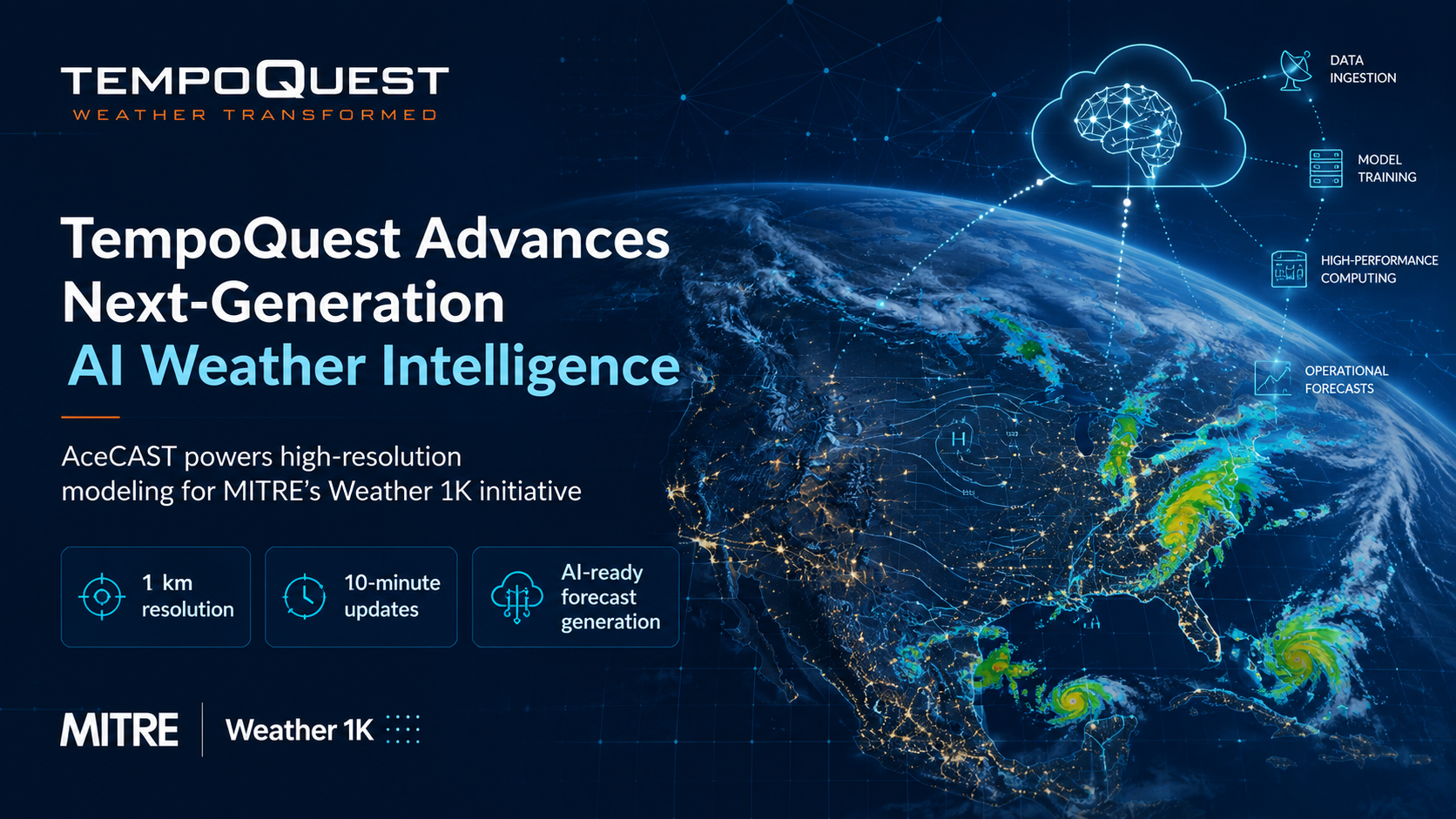 TempoQuest’s AceCAST platform was used in the development of MITRE’s Weather 1K dataset, supporting high-resolution AI weather modeling for next-generation forecasting.