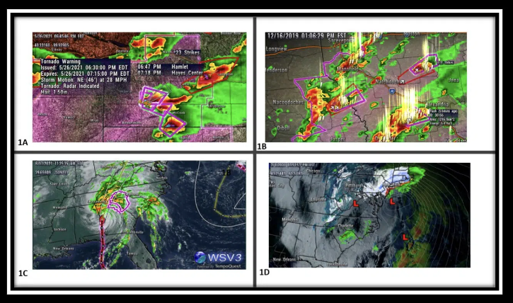 A collage of radar and satellite imagery from the visualization software WSV3